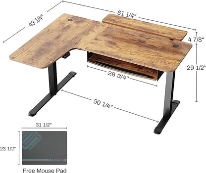 EUREKA ERGONOMIC Standing Desk with Keyboard Tray, Computer Desk, 61" L Shaped Electric Adjustable Height Desk w Monitor Stand LED, Corner Sit Stand Desk Gaming Desk, Dual Motor,Left/Rustic Brown