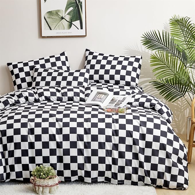 Black White Grid Comforter Queen Black Plaid Bedding Set Women Black and White Checkered Bed Comforter Set Breathable Blanket Set Men Durable Bedding Comforter Set