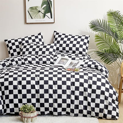 Black White Grid Comforter Queen Black Plaid Bedding Set Women Black and White Checkered Bed Comforter Set Breathable Blanket Set Men Durable Bedding Comforter Set