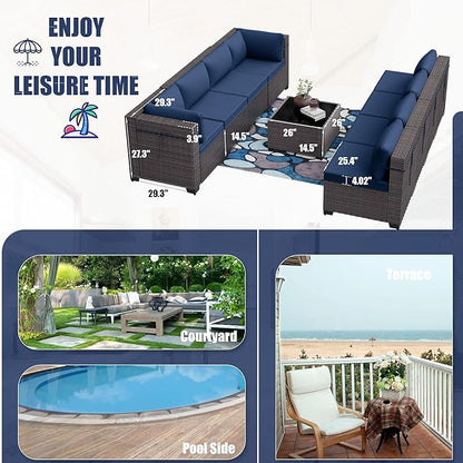 Patio Furniture Set 7-Pieces Outdoor Furniture for Backyard Wicker Sectional Sofa Set, Rattan Patio Conversation Set with Thickened Cushions and Glass Coffee Table, Navy Blue