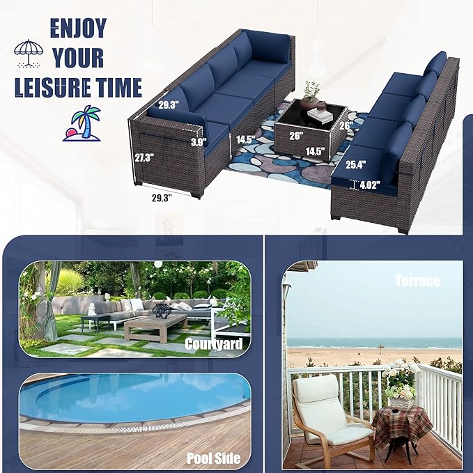 Patio Furniture Set 9-Pieces Outdoor Furniture for Backyard Wicker Sectional Sofa Set, Rattan Patio Conversation Set with Thickened Cushions and Glass Coffee Table, Navy Blue