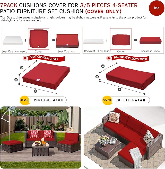 ClawsCover 7Pack Outdoor Seat and Back Cushions Replacement Covers Fit for 3/5 Pieces 4-Seater Wicker Rattan Patio Furniture Conversation Set Sectional Couch,Red-Small (Include Cover Only)
