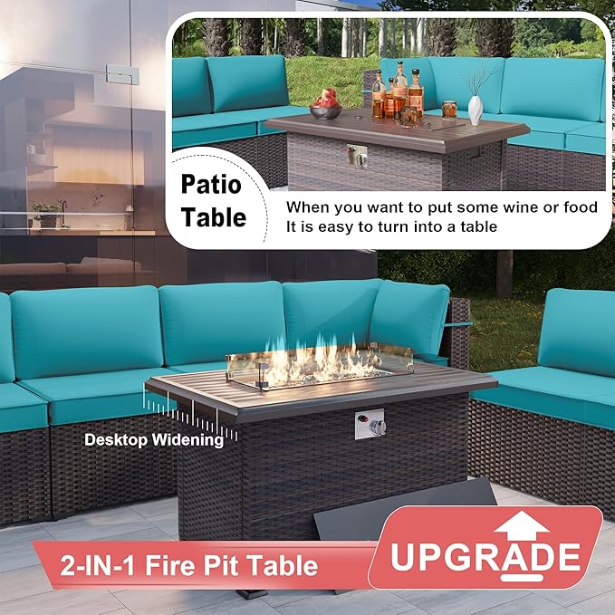 Patio Furniture Set with Fire Pit Table 8 PCS Outdoor Sectional Furniture Outdoor Rattan Patio Conversation Sets with 43in 55,000 BTU Propane Gas Fire Pit Table Glass Table, Blue