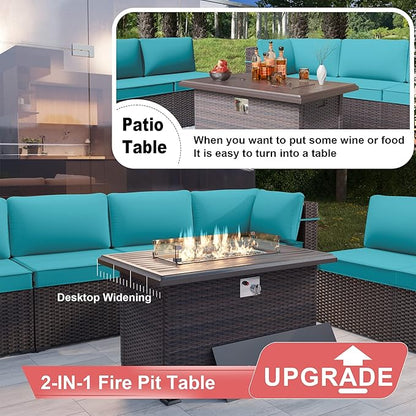 Patio Furniture Set with Fire Pit Table 8 PCS Outdoor Sectional Furniture Outdoor Rattan Patio Conversation Sets with 43in 55,000 BTU Propane Gas Fire Pit Table Glass Table, Blue