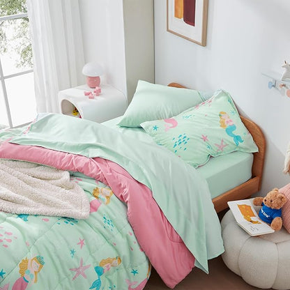 SLEEP ZONE Kids Twin Bedding Comforter Set - Super Cute & Soft Kids Bedding 5 Pieces Set with Comforter, Sheet, Pillowcase & Sham (Mermaid Princess)