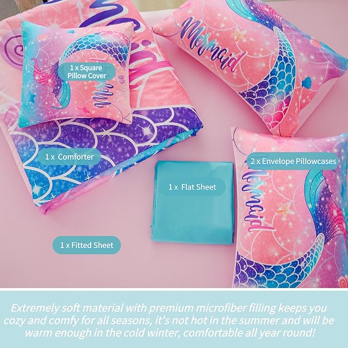 RYNGHIPY Mermaid Kids Girls Comforter Set Full Size Pink Blue Gradient Fish Tail Bed in a Bag - includes Comforter & Sheet Set for Teens Girls Super Soft Kids Bedding