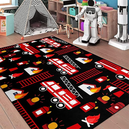 Car Play Rug Fire Fighting Truck Area Rug Car Rug Play Mat Kids Rugs for Playroomcar Rug for Boys Room Carpet Floor Mat for Bedroom Living Room,Black 4'5''×6'