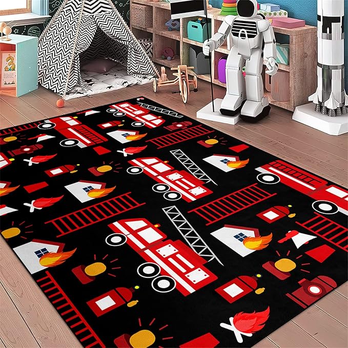 Car Play Rug Fire Fighting Truck Area Rug Car Rug Play Mat Kids Rugs for Playroomcar Rug for Boys Room Carpet Floor Mat for Bedroom Living Room,Black 3'×4'