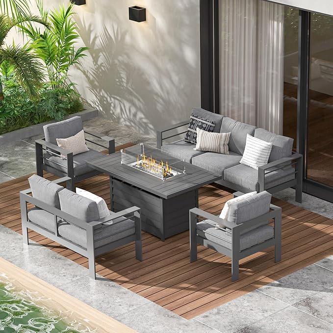 Wisteria Lane 5 Piece Aluminum Outdoor Patio Furniture Set with 54 Inch Propane Gas Fire Pit Table, Modern Patio Conversation Sets with Outdoor Sectional Couch for Backyard, Garden, Dark Grey