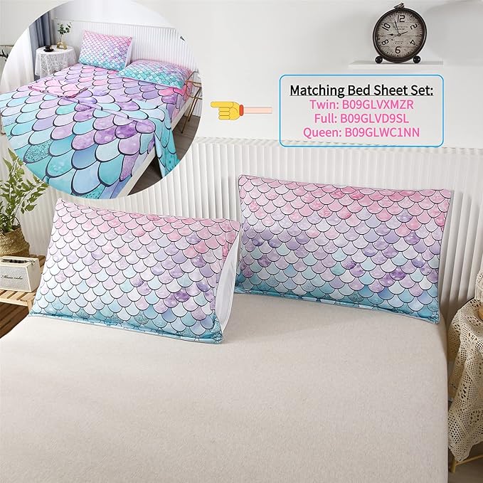RYNGHIPY 2Pcs Colorful Mermaid Scale Print Comforter Bedding Set Twin Size, Soft Microfiber Coverlet Set/Bedspread/Quilt Set with Colorful Scale Design (Mermaid,Twin)