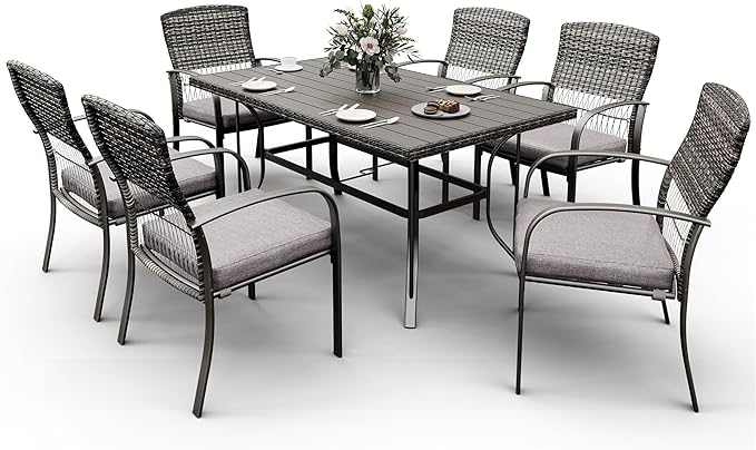 Pamapic Patio Table and Chairs Set, All-Weather Rattan Outdoor Table and Chairs with Removable Waterproof Cushions, Plastic-Wood Patio Dining Set for 6 with Umbrella Hole(Gray)