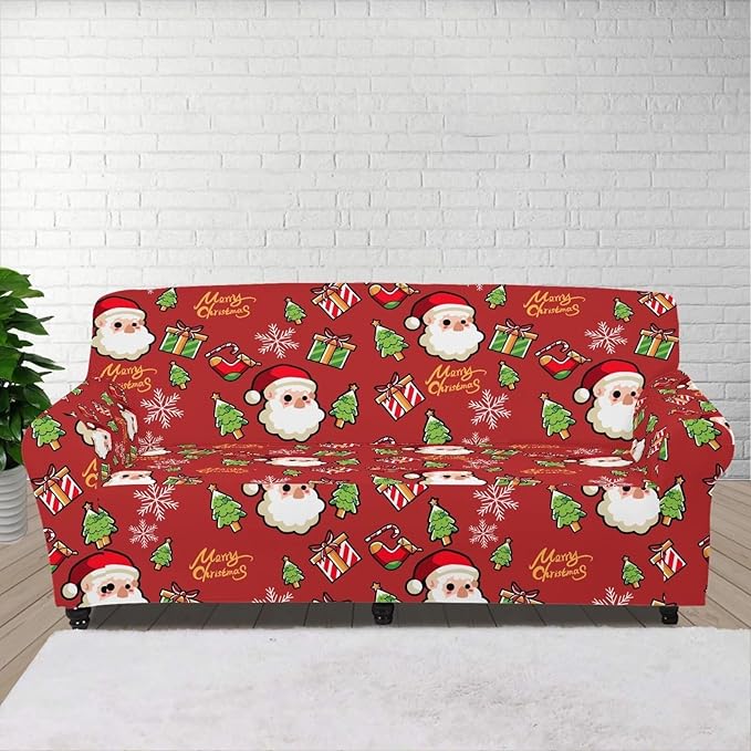 FKELYI Christmas Decor Red Sofa Slipcover for Living Room Santa Claus Sofa Couch Cover with Elastic Bottom Non-Slip Furniture Protector L