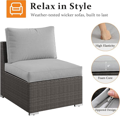 Wisteria Lane 2 Pieces Patio Furniture Sets, Outdoor Sectional Furniture with Armless Sofa, Tempered Glass Table and Cushion, Patio Conversation Sets for Garden Backyard, Grey