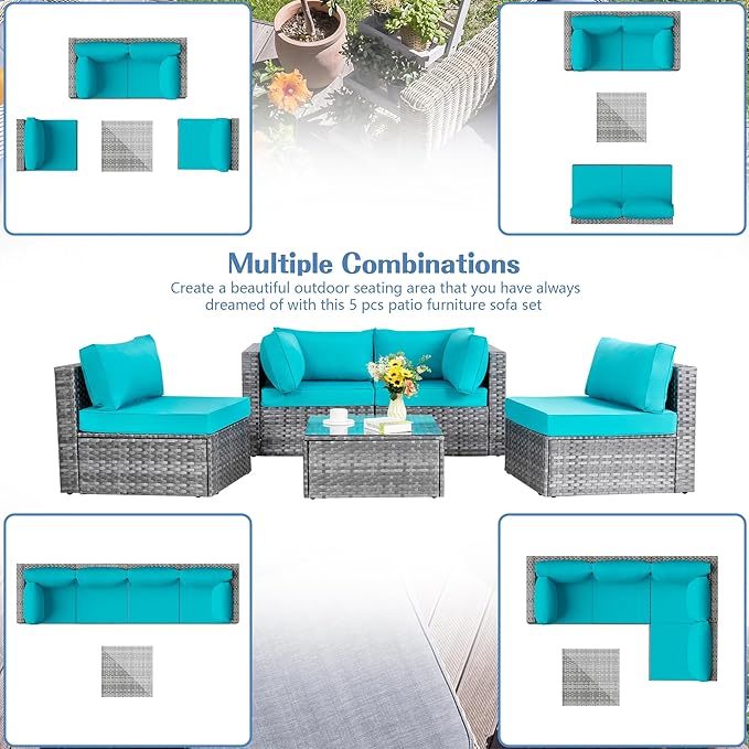 Shintenchi 5 Pieces Outdoor Patio Sectional Sofa Couch, Silver Gray PE Wicker Furniture Conversation Sets with Washable Cushions & Glass Coffee Table for Garden, Poolside, Backyard (Blue)