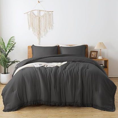 Andency Queen Comforter Set Dark Grey, 3 Pieces Boho Tassel Lightweight Bedding Comforter Sets, Winter Soft Fluffy Fringe Bed Set (90x90In Comforter & 2 Pillowcases)