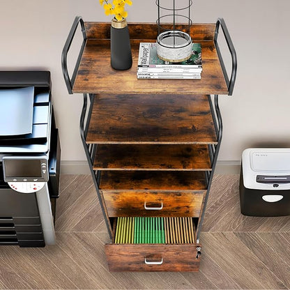 Vertical File Cabinet, 2 Drawer Mobile Filing Cabinet with 3 Bookshelf, Printer Stand with Open Storage Shelves Fits A4/Letter/Legal Size File Cabinets for Home Office Organizer, Brown