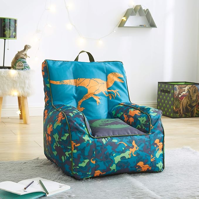 Idea Nuova Jurassic World 2 Kids Nylon Bean Bag Chair with Piping & Top Carry Handle, Blue, 18" H x 18" W