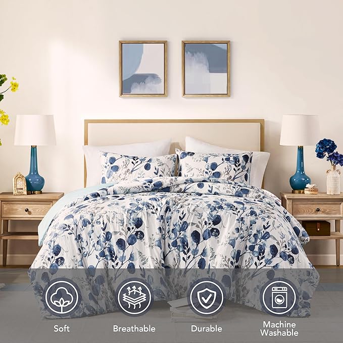 Codi Floral Queen Comforter Set for Womens, Spring Lavender Bedding Sets with Soft Seersucker 3pcs - 1 Flower Comforters and 2 Pillows Case, Blue