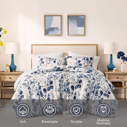 Codi Floral Queen Comforter Set for Womens, Spring Lavender Bedding Sets with Soft Seersucker 3pcs - 1 Flower Comforters and 2 Pillows Case, Blue