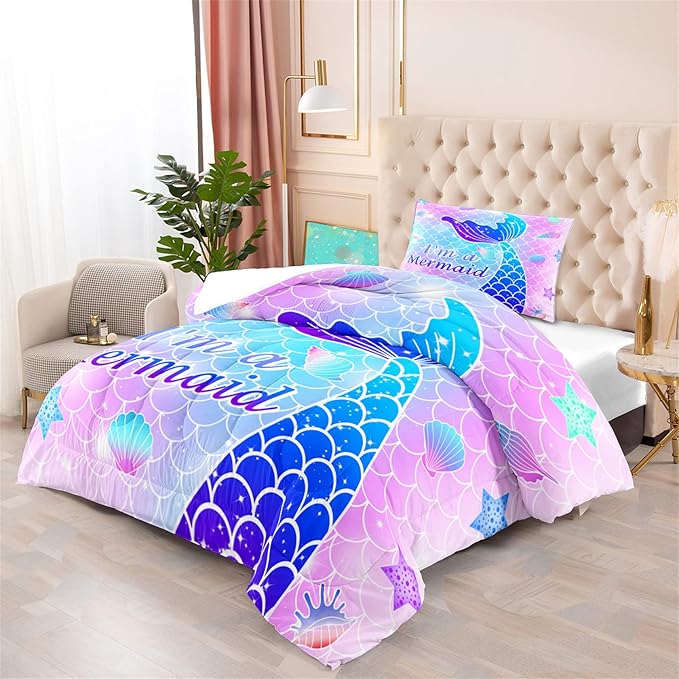 Twin Mermaid Bedding Sets for Girls Pink Mermaid Twin Comforter Set for Girls Soft Breathable Microfiber Mermaid Skin Surface Scales Quilt with Pillowcase Ocean Life Mermaid Bedroom Decor, 2Pcs