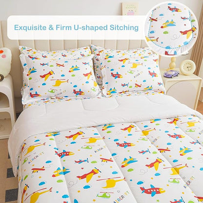 Mooreeke Bed in a Bag for Kids Boys Teens, 5 Pieces Twin Size Aircraft Print Comforter Bed Set with Shams, Sheet Set, Airplane White Super Soft Microfiber Kids Comforter Bedding Set