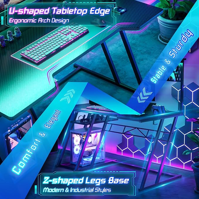 Gaming Computer Desk with Hutch and LED Lights, 55'' Black Gaming Desk with Storage Shelves, Reversible PC Gaming Desk with Pegboard, Ergonomic Desk for Bedroom, Carbon Fiber Surface
