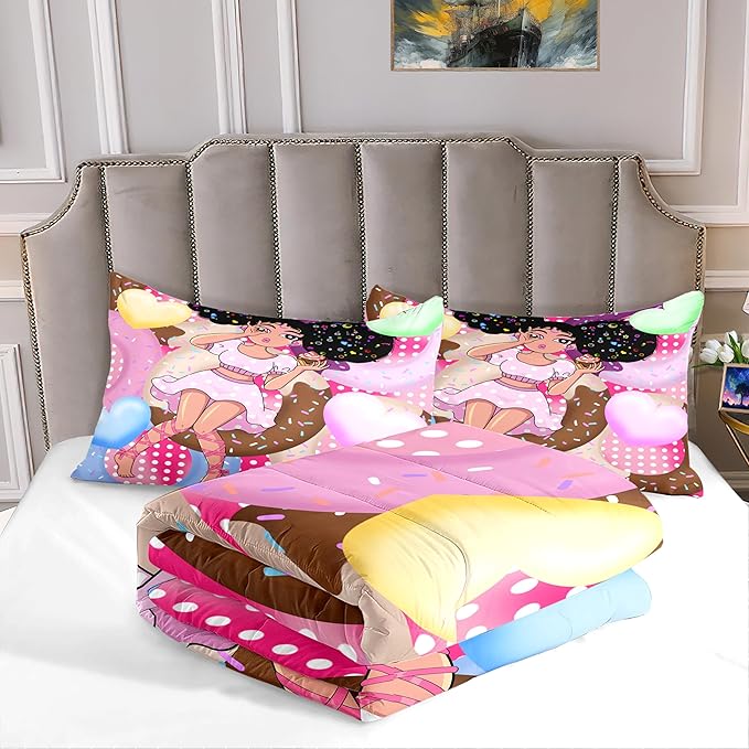 African American Girl Comforter Set Black Girl Comforter Set Princess Bedding with Donut Girl Prints Kids Comforter Sets Gifts for Girls Bedroom Decor Pink Full Size Quilt Sets with 2 Pillowcases