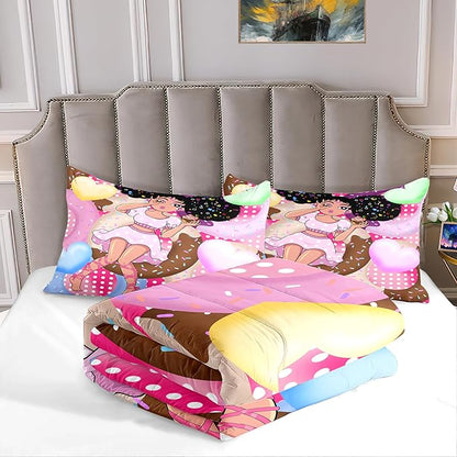 African American Girl Comforter Set Black Girl Comforter Set Princess Bedding with Donut Girl Prints Kids Comforter Sets Gifts for Girls Bedroom Decor Pink Full Size Quilt Sets with 2 Pillowcases