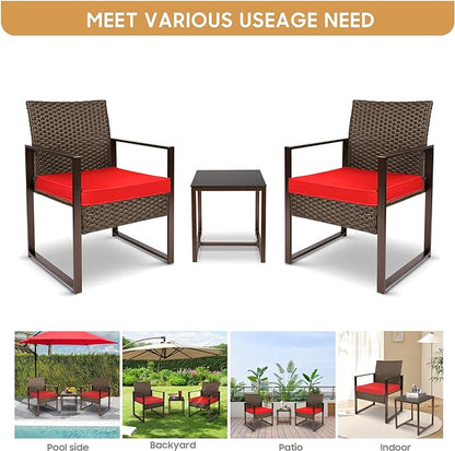 YIYAN 3 Pieces Outdoor Furniture Set Patio Rattan Wicker Chairs & teatable,Lawn Garden Balcony Backyard,with Washable Cushion (Red)