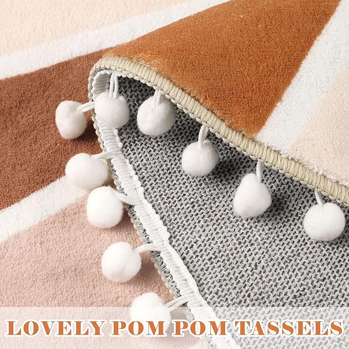 Topotdor Boho Round Area Rug 4ft Sun Rainbow Nursery Rugs for Kids Room, Washable Ultra Soft Circle Area Rug with Pom Poms, Non-Slip Accent Throw Rugs for Bedroom Entryway Living Room Decor
