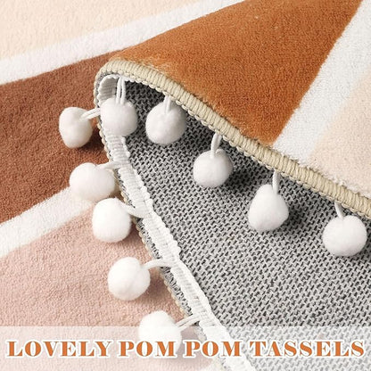 Topotdor Boho Round Area Rug 4ft Sun Rainbow Nursery Rugs for Kids Room, Washable Ultra Soft Circle Area Rug with Pom Poms, Non-Slip Accent Throw Rugs for Bedroom Entryway Living Room Decor