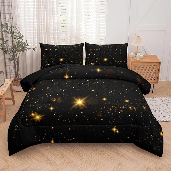 Tailor Shop Glitter Comforter Sets Twin Size Black and Glod Comforter Sets for Kids Boys Teens Star Glitter Bedding Sets Twinkle Starlight Comforter Sets with 1 Comforter 1 Pillowcases