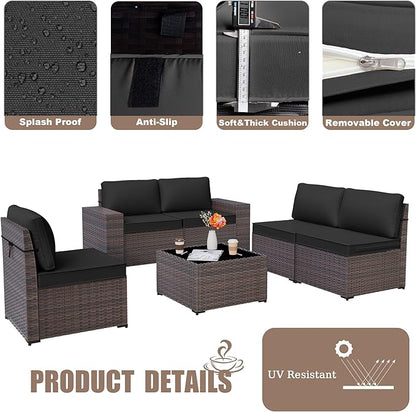 Patio Furniture Set Sofa 6-Pieces Wicker Sectional Sofa Set, Outdoor Furniture Rattan Patio Conversation Set with Thickened Cushion and Glass Coffee Table, Black