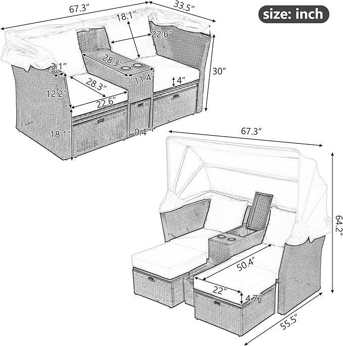 2-Seater Outdoor Patio Convertible Sunbed, All Weather Rattan Double Daybed Couch Foldable Awning, Cushions and Storage Boxes, Loveseat Sofa Set for Garden, Poolside, Balcony, Ab-Beige
