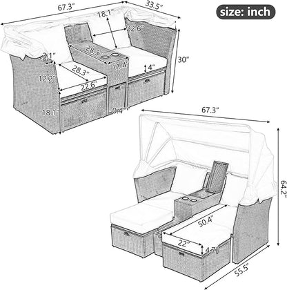 2-Seater Outdoor Patio Convertible Sunbed, All Weather Rattan Double Daybed Couch Foldable Awning, Cushions and Storage Boxes, Loveseat Sofa Set for Garden, Poolside, Balcony, Ab-Aa-Grey