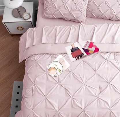 LANE LINEN Twin Comforter Set for Girls, 5 Piece Twin Size Bed in a Bag Sets, Pintuck Bedding Sets & Collections with Pink Comforter, Sheets, Pillowcases & Shams, Soft Twin Bedding Set - Sepia Rose