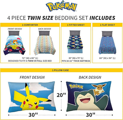 Franco Kids Bedding Super Soft Comforter and Sheet Set, 4 Piece Twin Size, Pokemon (Prints May vary)