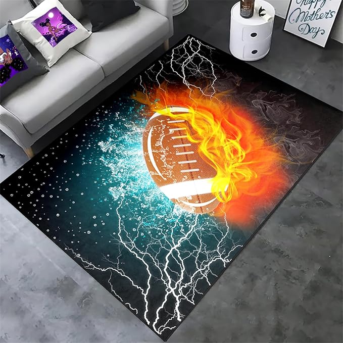 Football Rug Football Decor for Boys Bedroom Football Rug Water and Fire Cool Room Decoration Soccer Rug for Boys Room Football Printed Rug for Kids Room Playmat Rugs for Kids Room Living Room,4'×5'