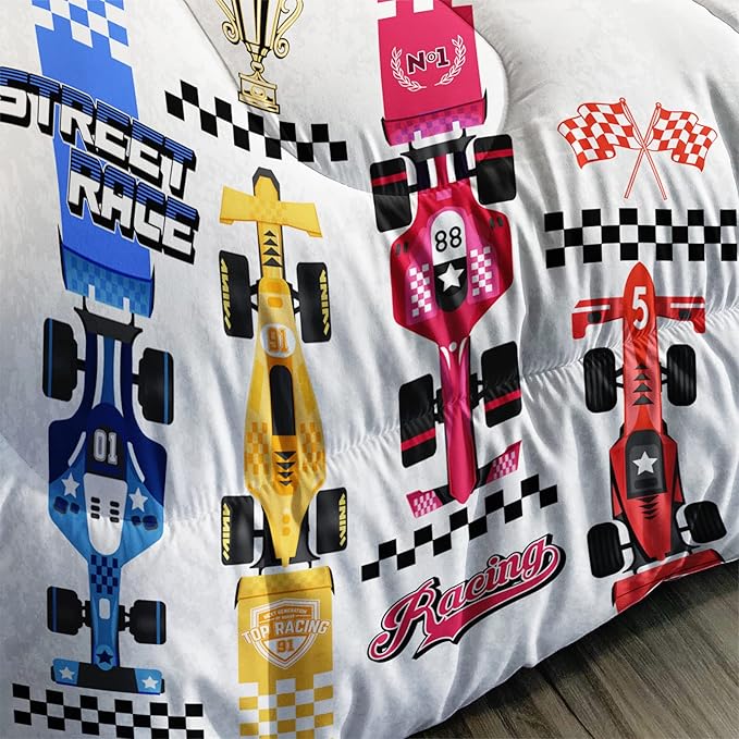 Axolotl Racing Car Comforter Set Queen Size,Colorful Sports Car Bedding Set for Kids Boys Teen Adult,Extreme Speed Race Bedding Sets Car Theme Bedroom Decor with 1 Comforter and 2 Pillowcases