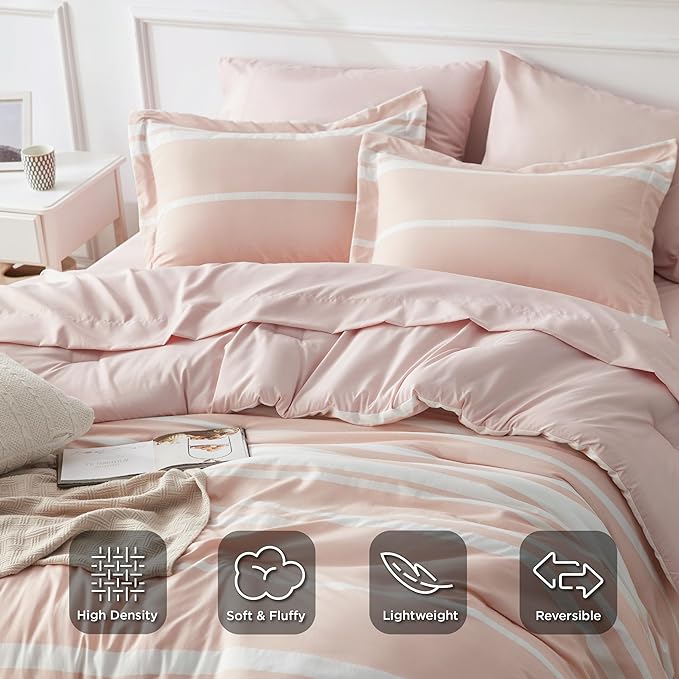 Bedsure Light Pink Comforter Set Queen 7 Pieces, Light Pink White Striped Bedding Sets All Season Bed in a Bag, 2 Pillow Shams, Flat Sheet, Fitted Sheet and 2 Pillowcases
