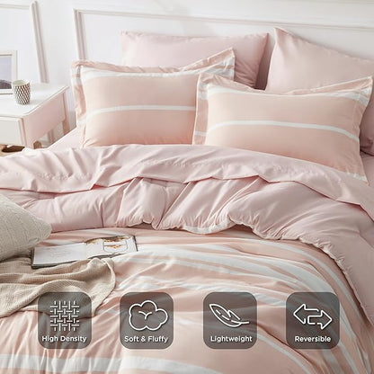 Bedsure Bed in a Bag Twin Size 5 Pieces, Light Pink White Striped Bedding Comforter Sets All Season Bed Set with 1 Pillow Sham, Flat Sheet, Fitted Sheet and 1 Pillowcase