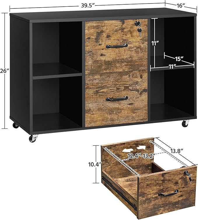 Yaheetech Filing Cabinet Lateral File Cabinet with 2 Drawer and 4 Open Compartments for Letter Size A4 Size, Printer Stand for Home Office, Black/Rustic Brown