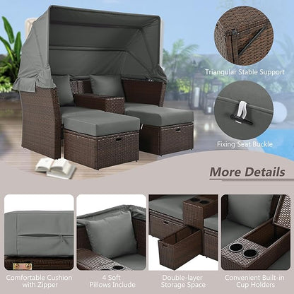2-Seater Outdoor Patio Convertible Sunbed, All Weather Rattan Double Daybed Couch Foldable Awning, Cushions and Storage Boxes, Loveseat Sofa Set for Garden, Poolside, Balcony, Ab-Aa-Grey