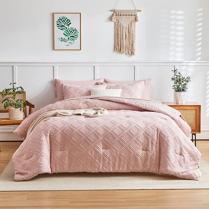 7 Pieces Tufted Bed in a Bag Queen Comforter Set with Sheets Blush, Soft and Embroidery Shabby Chic Boho Bohemian, Luxury Solid Color with Diamond Pattern, Jacquard Tufts Bedding Set for All Season