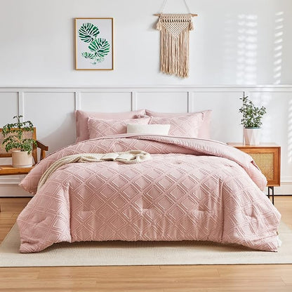 7 Pieces Tufted Bed in a Bag Queen Comforter Set with Sheets Blush, Soft and Embroidery Shabby Chic Boho Bohemian, Luxury Solid Color with Diamond Pattern, Jacquard Tufts Bedding Set for All Season