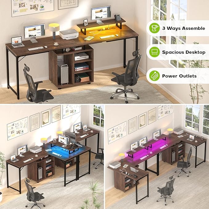 Cyclysio L Shaped Gaming Desk with Wood Cabinet, 58" Large Corner Desk with LED Lights & Power Outlet, Reversible Computer Desk with Monitor Stand, Home Office Desk 2 Person Corner Desk,Rustic Walnut