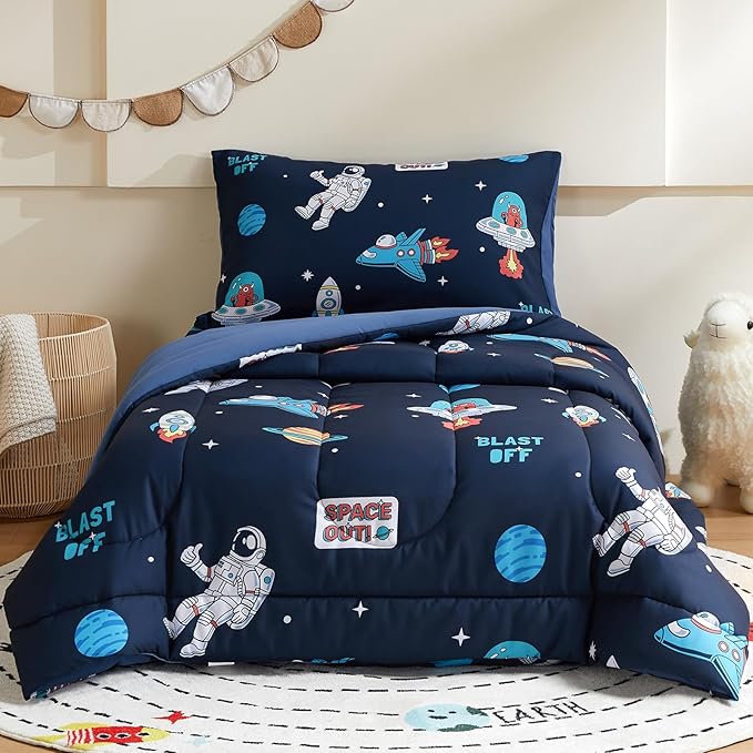 beeweed 5 Piece Kid Comforter Set Twin Size, Space Rocket & Astronaut Bedding Set for Teen Boys Girls