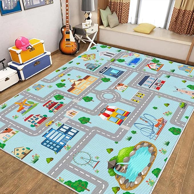 Kids Car Rug, 5' 3" x8' City Life Traffic Road Playmat for Toy Cars Trains, Non-Slip Race Track Carpet Educational Fun Area Rugs for Boy and Girl Bedroom Nursery