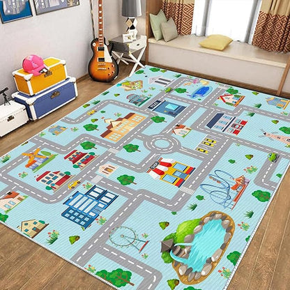 Kids Car Rug, 5' 3" x8' City Life Traffic Road Playmat for Toy Cars Trains, Non-Slip Race Track Carpet Educational Fun Area Rugs for Boy and Girl Bedroom Nursery