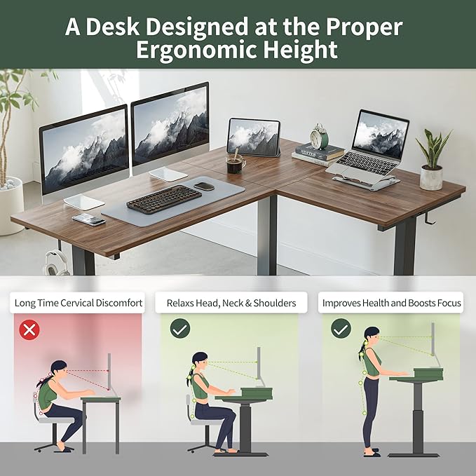FEZIBO Triple Motor L-Shaped Electric Standing Desk, 75 Inches Height Adjustable Stand up Corner Desk, Sit Stand Workstation with Splice Board, Black Frame/Black Walnut Top